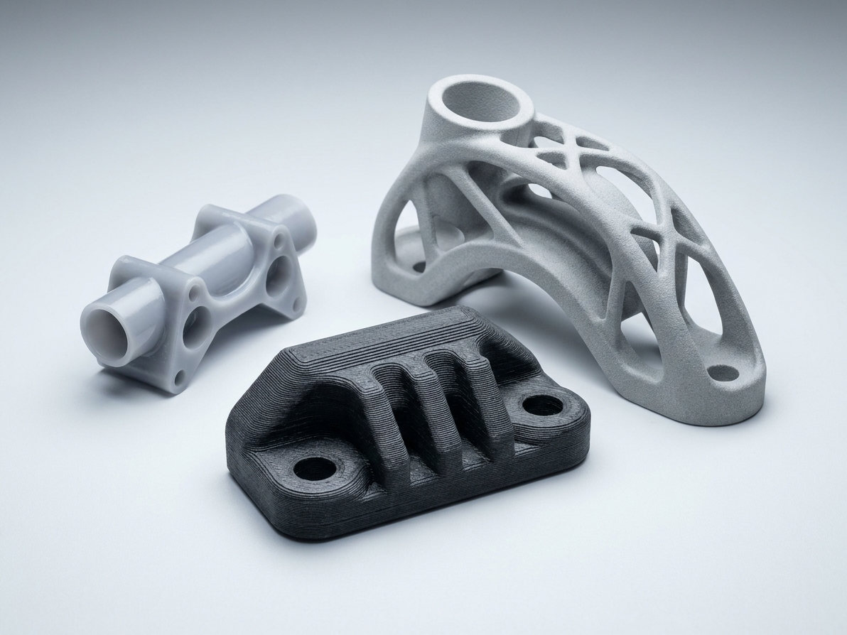 Drei 3D-gedruckte Bauteile nebeneinander: ein glattes Harzteil mit Bohrungen, ein topologieoptimierter Träger mit Gitterstruktur und matter Pulveroberfläche sowie ein dunkles Bauteil mit deutlich sichtbaren Schichtlinien