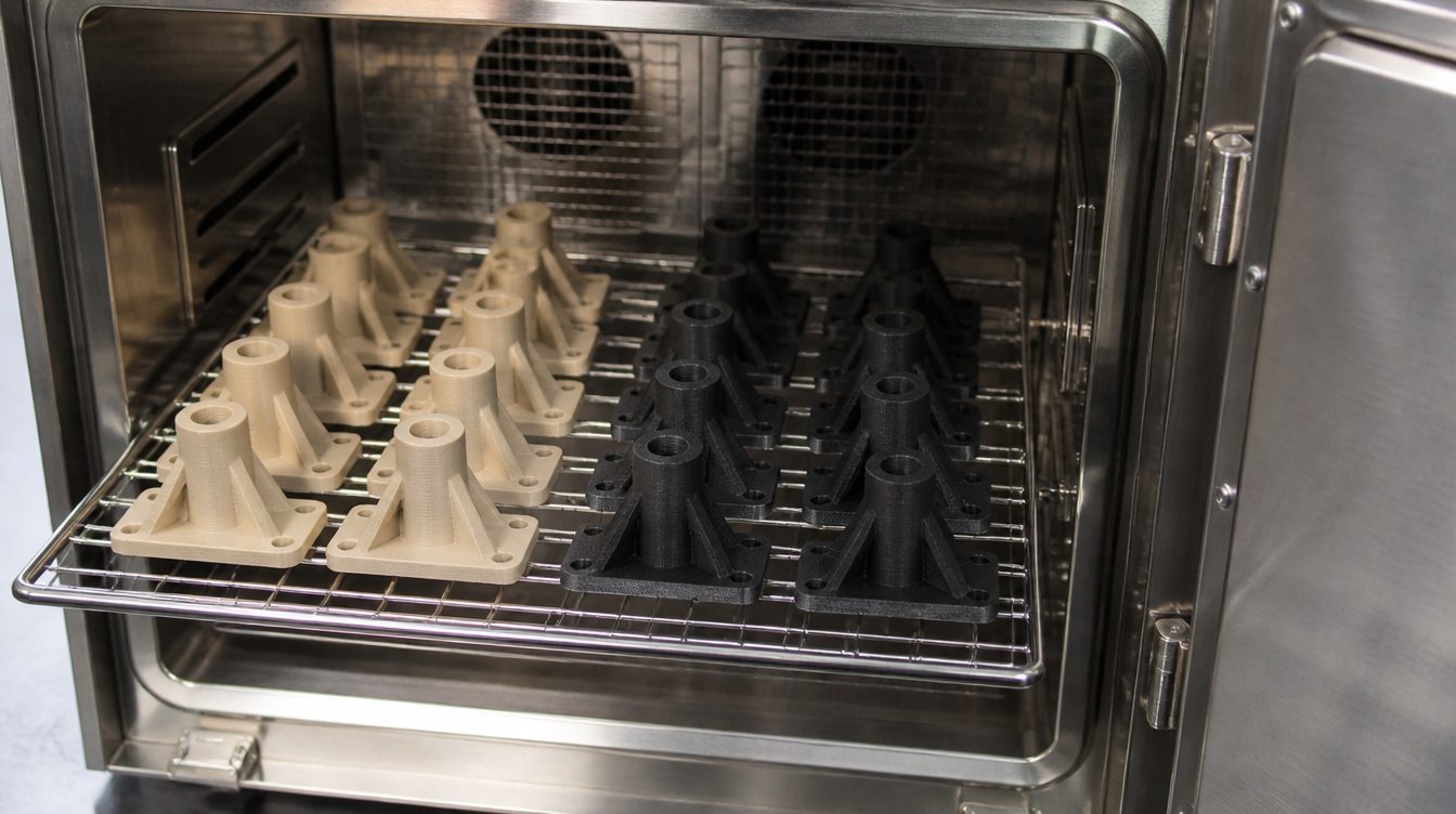 Blick in einen geöffneten Wärmeschrank aus Edelstahl: auf dem Gitterrost werden gedruckte Halter getempert, links naturfarben aus PEEK, rechts schwarz aus PEEK-CF