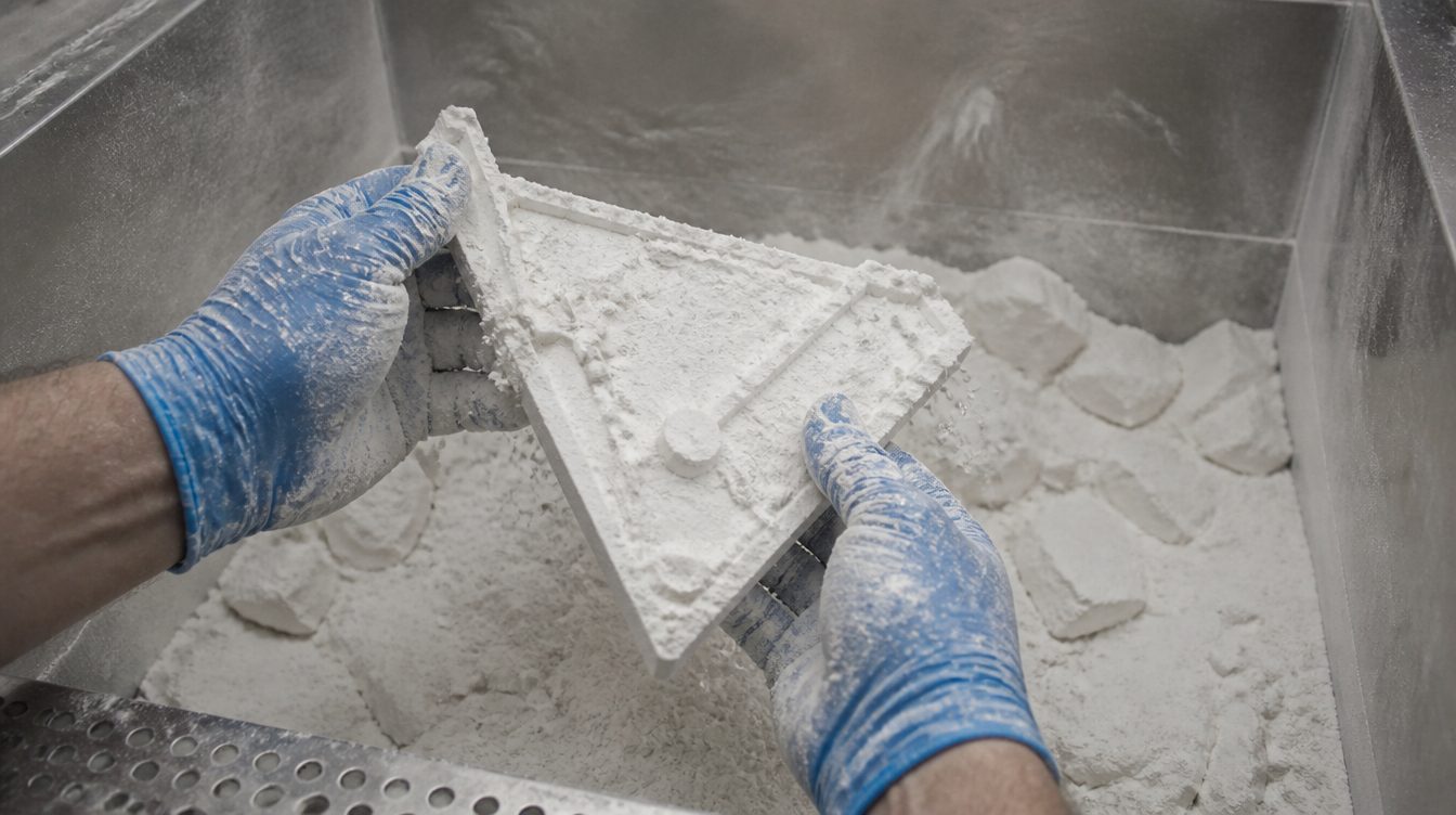 Ein Bauteil wird nach dem Lasersintern mit Handschuhen aus dem Pulverkuchen gehoben, das lose Polyamidpulver rieselt ab